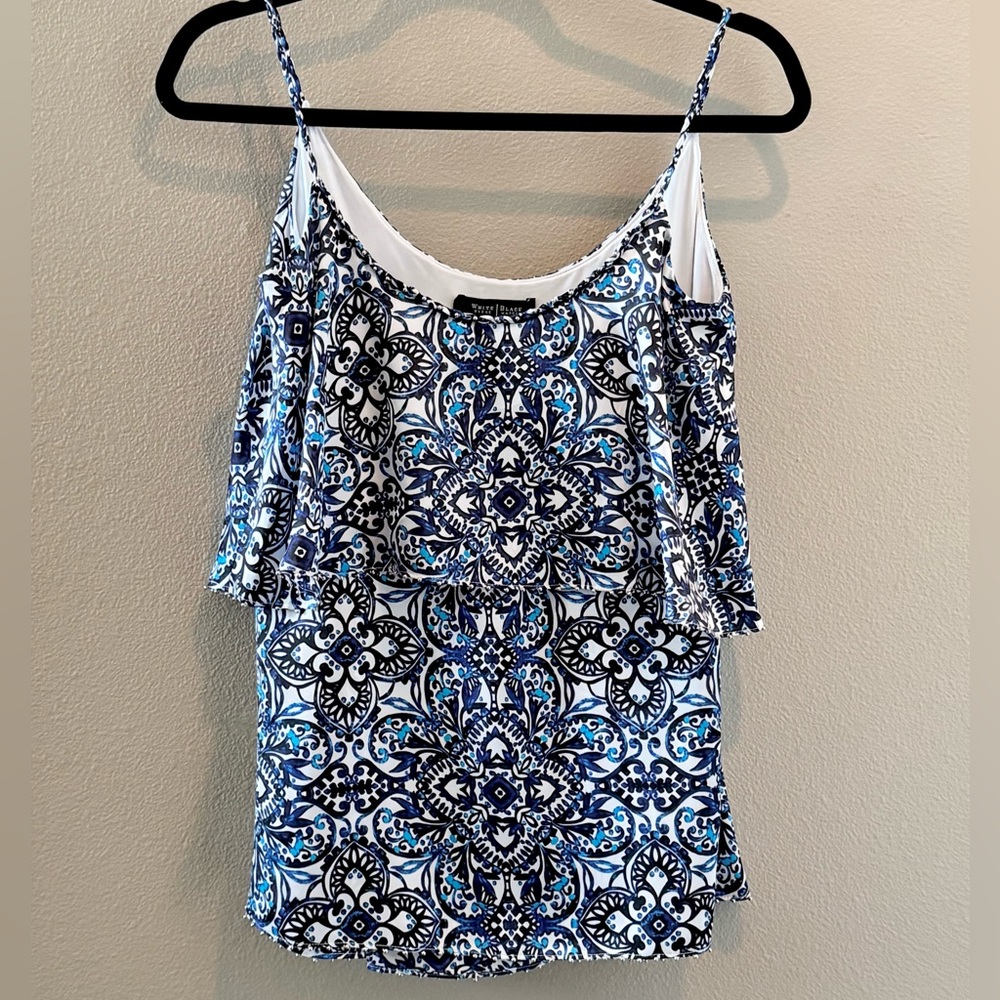 White House Black Market Blue and White Ruffled Camisole